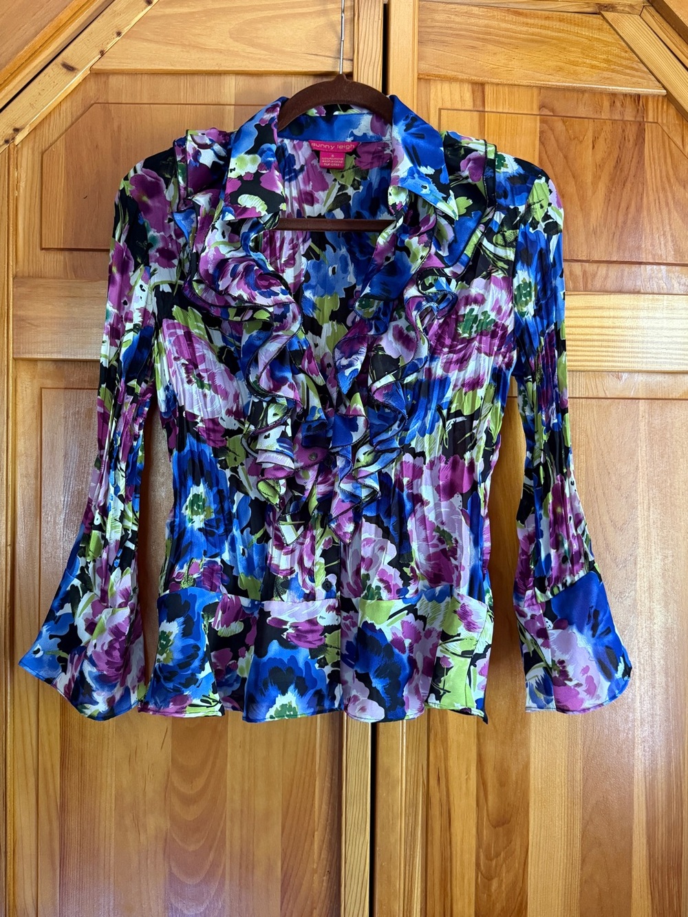 Sunny Leigh Ruffled Floral Blouse in Blue, Purple & Green